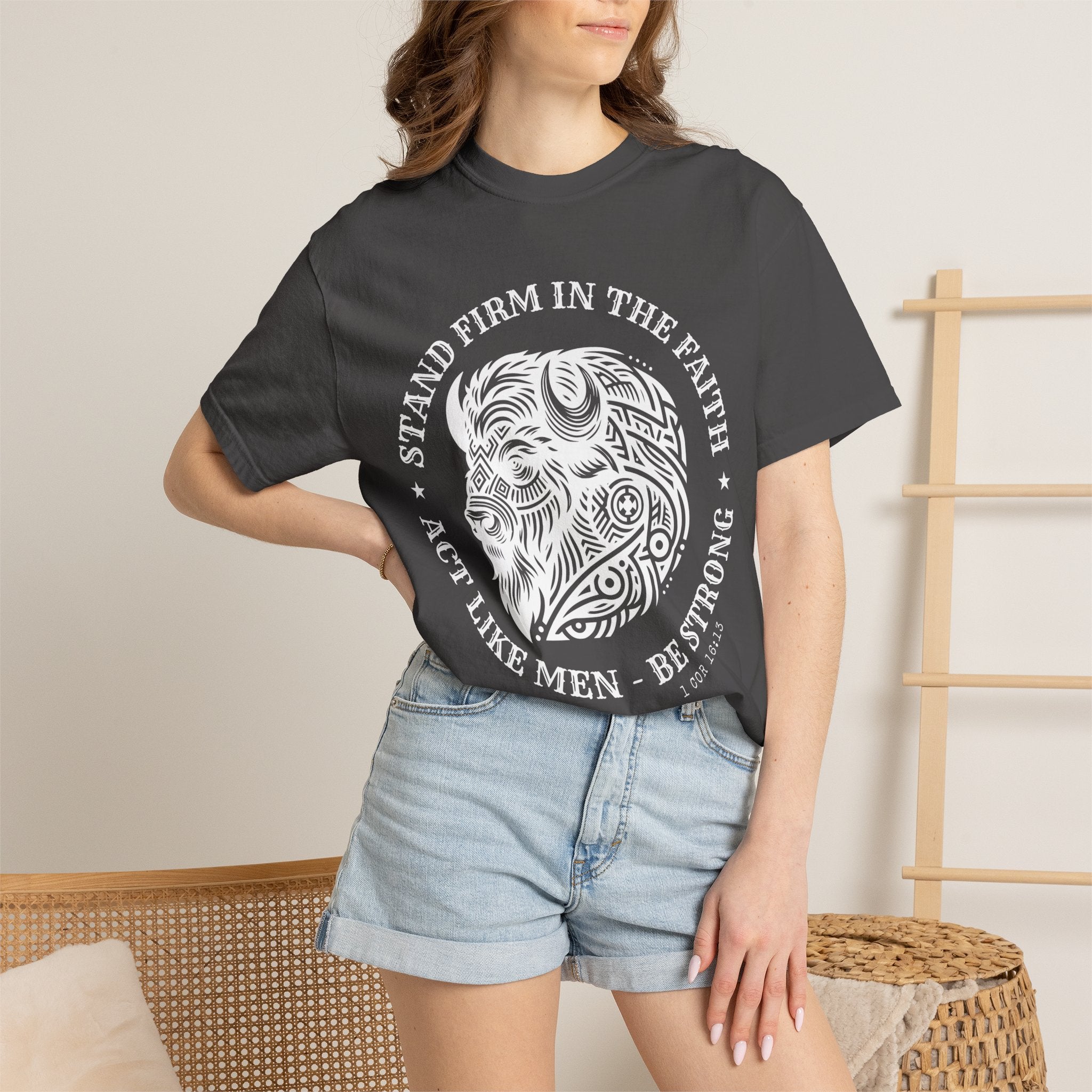Stand Firm in the Faith Buffalo Illustration T-shirt | Act Like Men Be Strong